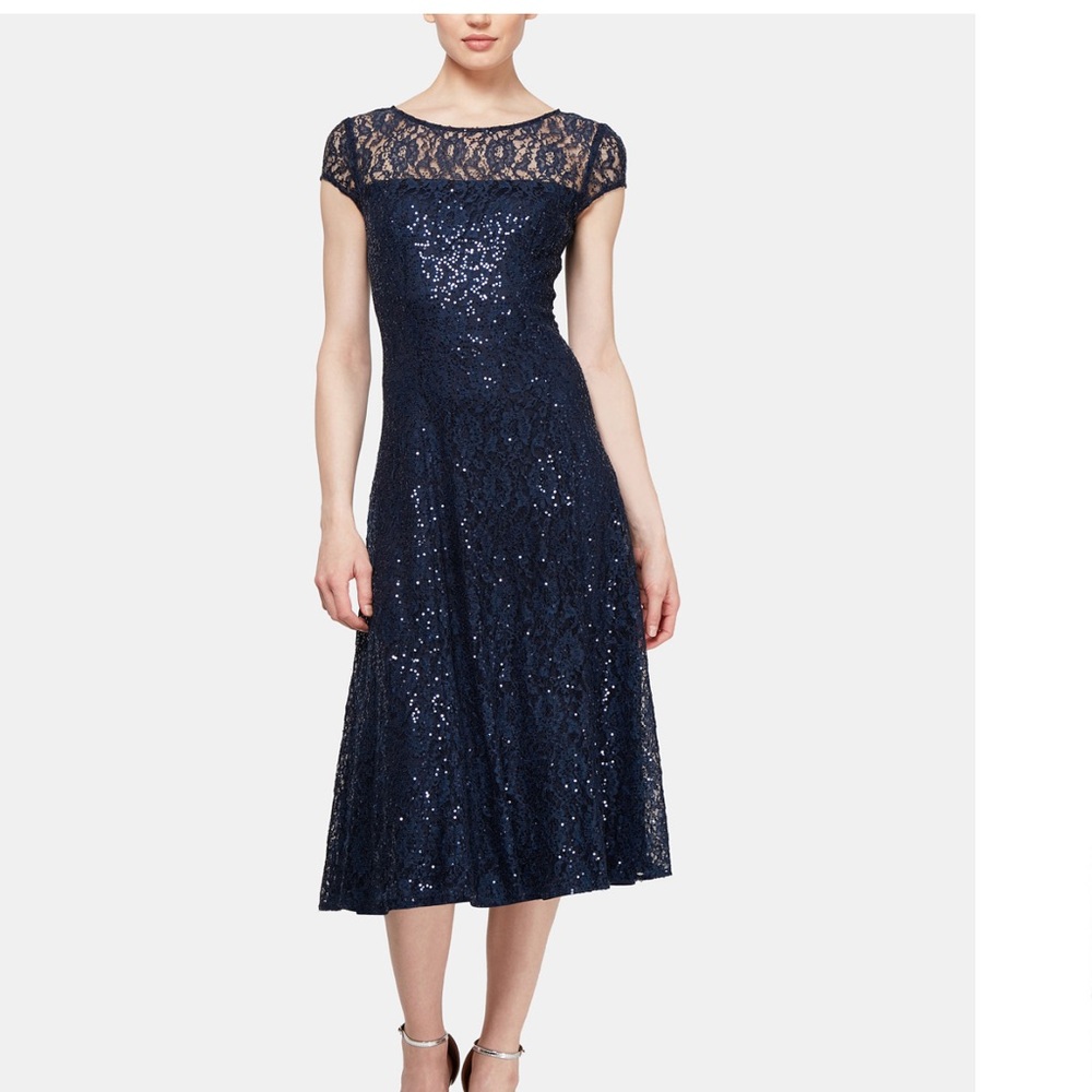 SLNY Navy Sequin Lace Midi Dress
